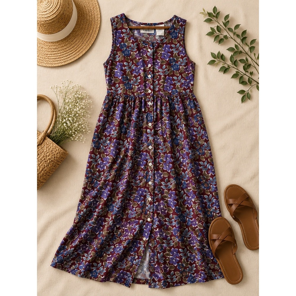 Vintage Erika Studio‎ Burgundy Floral Maxi Dress Sleeveless 90s Grunge y2k Med